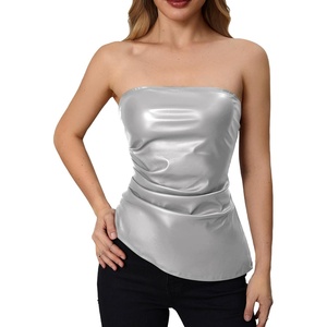 image:imageMakeMeChic Womens Leather Corset Tops Strapless Tube Asymmetrical Ruched Backless Crop Going Out TopsSilver