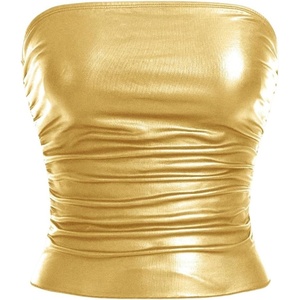 image:imageMakeMeChic Womens Leather Gold Tops Summer Tube Tops Ruched Sleeveless Slim Fit Strapless Club Concert ShirtsGold