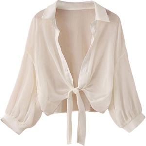 image:imageMakeMeChic Womens Long Sleeve Bat Wing Crop Tops Casual Chiffon Solid Color Shirt Beach Cover UpsApricot