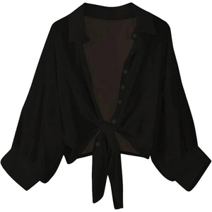 image:imageMakeMeChic Womens Long Sleeve Bat Wing Crop Tops Casual Chiffon Solid Color Shirt Beach Cover UpsBlack