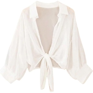 image:imageMakeMeChic Womens Long Sleeve Bat Wing Crop Tops Casual Chiffon Solid Color Shirt Beach Cover UpsWhite