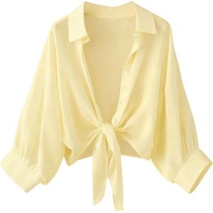 image:imageMakeMeChic Womens Long Sleeve Bat Wing Crop Tops Casual Chiffon Solid Color Shirt Beach Cover UpsYellow
