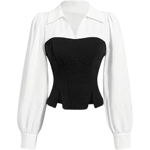 image:imageMakeMeChic Womens Long Sleeve Work Blouse Casual Color Block V Neck Split Dress ShirtBlack and White