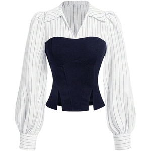 image:imageMakeMeChic Womens Long Sleeve Work Blouse Casual Color Block V Neck Split Dress ShirtBlue B