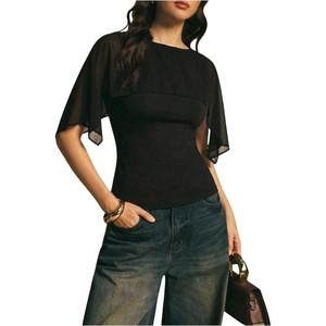 image:imageMakeMeChic Womens Mesh Dressy Poncho Tops Summer Fitted T Shirt Going Out TopBlack