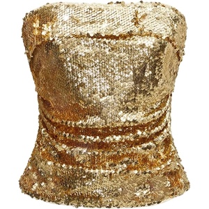 image:imageMakeMeChic Womens Metallic Sequin Strapless Tube Top Sparkly Ruched Party Night Out Crop TopsGold