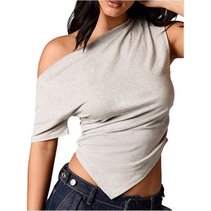 image:imageMakeMeChic Womens Off The Shoulder Asymmetrical Tops Y2k T Shirts Crop Short Sleeve Going Out TopsLight Grey
