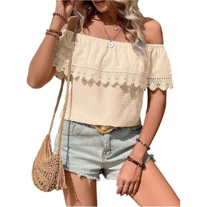 image:imageMakeMeChic Womens Off The Shoulder Tops Lace Summer Blouse Boho TopsBeige
