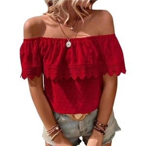 image:imageMakeMeChic Womens Off The Shoulder Tops Lace Summer Blouse Boho TopsRed Solid