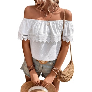 image:imageMakeMeChic Womens Off The Shoulder Tops Lace Summer Blouse Boho TopsWhite