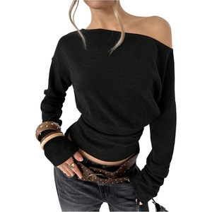 image:imageMakeMeChic Womens Off The Shoulder Tops Y2k Long Sleeve Cinched Waist Knit Going Out TopBlack