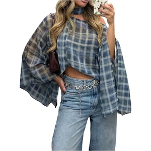image:imageMakeMeChic Womens Plaid Off The Shoulder Poncho Top Long Sleeve Going Out Tops with ScarfBlue