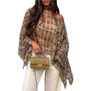 image:imageMakeMeChic Womens Plaid Off The Shoulder Poncho Top Long Sleeve Going Out Tops with ScarfBrown