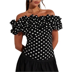 image:imageMakeMeChic Womens Polka Dots Blouse Off The Shoulder Ruffle Trim Short Sleeve Dressy Shirt TopBlack and White