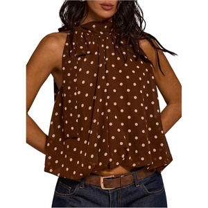 image:imageMakeMeChic Womens Polka Dots Halter Bubble Top Tie Neck Sleeveless Puffy Dressy Crop TopsBrown
