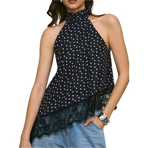 image:imageMakeMeChic Womens Polka Dots Lace Trim Halter Tank Top Y2K Mock Neck Asymmetrical Going Out Crop TopsBlack and White