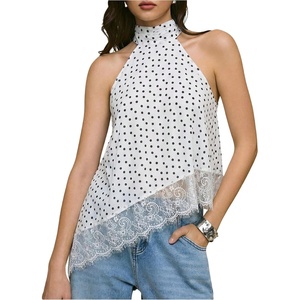 image:imageMakeMeChic Womens Polka Dots Lace Trim Halter Tank Top Y2K Mock Neck Asymmetrical Going Out Crop TopsWhite