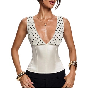 image:imageMakeMeChic Womens Polka Dots Tank Top Deep V Neck Y2K Lace Up Backless Corset TopsApricot