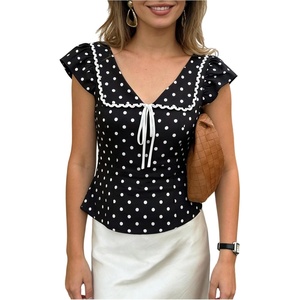 image:imageMakeMeChic Womens Polka Dots V Neck Blouse Ruffle Sleeve Bow Tie Summer TopsBlack