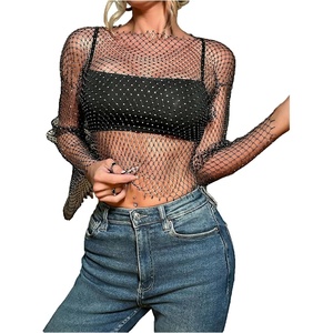 image:imageMakeMeChic Womens Rhinestone Body Chains Long Sleeve Sheer Crop Tops See Through Hollow Out Top Diamond Fishnet Shirt OutfitBlack