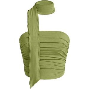 image:imageMakeMeChic Womens Ruched Strapless Tube Top Sleeveless Fitted Going Out Crop Tops with ScarfLime Green