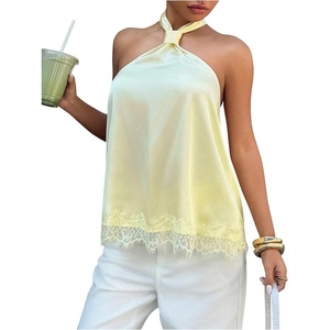 image:imageMakeMeChic Womens Satin Lace Halter Tops Sleeveless Tie Open Back Slim Fit Dressy Tank TopsYellow