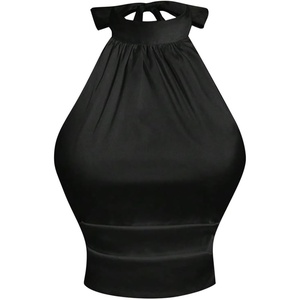 image:imageMakeMeChic Womens Satin Sleeveless Halter Top Tie Open Back Ruched Crop TopsBlack