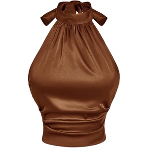 image:imageMakeMeChic Womens Satin Sleeveless Halter Top Tie Open Back Ruched Crop TopsMocha Brown