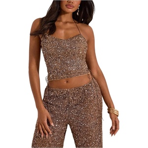 image:imageMakeMeChic Womens Sequin Tops Criss Cross Sleeveless Tie Side Y2K Going Out Cropped Tank TopsBrown