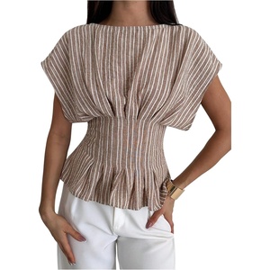 image:imageMakeMeChic Womens Striped Ruffle Peplum Top Dolman Sleeve Dressy Tops BlouseKhaki