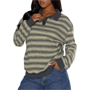 image:imageMakeMeChic Womens Striped Sweater Button Up Long Sleeve Rugby Shirt Preppy Pullover TopsGreen