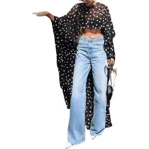 image:imageMakeMeChic Womens Summer Polka Dots Tops High Low Mesh Sheer Crewneck Y2K Poncho TopsBlack