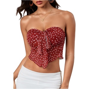 image:imageMakeMeChic Womens Summer Polka Dots Tops Strapless Tube Top Tie Front Ruched Backless Bandeau Crop TopsRed and White