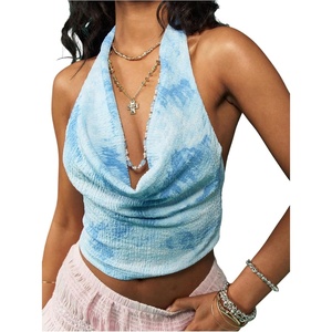 image:imageMakeMeChic Womens Tie Dye Draped Halter Top Cowl Neck Sleeveless Summer Going Out Y2K Crop TopsBlue