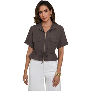 image:imageMakeMeChic Womens Work Business Casual Crop Jacket Short Sleeve Drawstring Bomber Jacket Zip Up Coat with PocketDark Grey