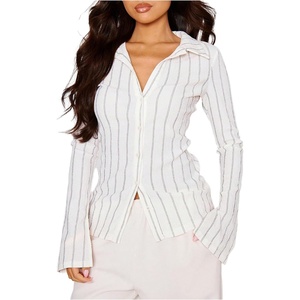 image:imageMakeMeChic Womens Work Office Striped Button Down Shirt Bell Sleeve Dressy Blouse TopsMulticolor