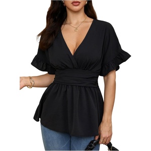 image:imageMakeMeChic Womens Wrap V Neck Peplum Tops Stretchy Ruched Ruffle Business Casual Dressy Blouse ShirtsBlack B