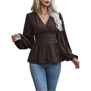 image:imageMakeMeChic Womens Wrap V Neck Peplum Tops Stretchy Ruched Ruffle Business Casual Dressy Blouse ShirtsCoffee Brown