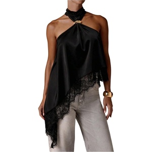 image:imageMakeMeChic Womens Y2K Club Satin Halter Top Lace Sleeveless Keyhole Metal Decor Tank TopsBlack