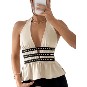 image:imageMakeMeChic Womens Y2K Deep V Neck Halter Tops Open Back Rivet Ruffle Hem Sleeveless TankApricot