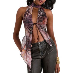 image:imageWomens Cheetah Halter Top Y2K Tie Front Backless Club Tank Tops