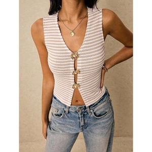 image:imageWomens Metal Floral Summer Crop Tops V Neck Knit Split Sweater VestsApricot
