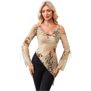 image:imageWomens Y2K Cold Shoulder Cheetah Floral Top Asymmetrical Ruffle ShirtMulticolor