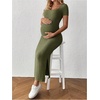 image:imageMakeMeChic Womens Maternity Dress Summer Baby Shower Dress Square Neck Short Sleeve Split Bodycon Maxi DressArmy Green
