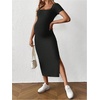 image:imageMakeMeChic Womens Maternity Dress Summer Baby Shower Dress Square Neck Short Sleeve Split Bodycon Maxi DressBlack