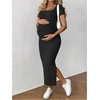 image:imageMakeMeChic Womens Maternity Dress Summer Baby Shower Dress Square Neck Short Sleeve Split Bodycon Maxi DressBlack