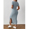 image:imageMakeMeChic Womens Maternity Dress Summer Baby Shower Dress Square Neck Short Sleeve Split Bodycon Maxi DressBlue