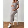 image:imageMakeMeChic Womens Maternity Dress Summer Baby Shower Dress Square Neck Short Sleeve Split Bodycon Maxi DressKhaki