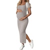 image:imageMakeMeChic Womens Maternity Dress Summer Baby Shower Dress Square Neck Short Sleeve Split Bodycon Maxi DressKhaki
