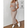 image:imageMakeMeChic Womens Maternity Dress Summer Baby Shower Dress Square Neck Short Sleeve Split Bodycon Maxi DressPink